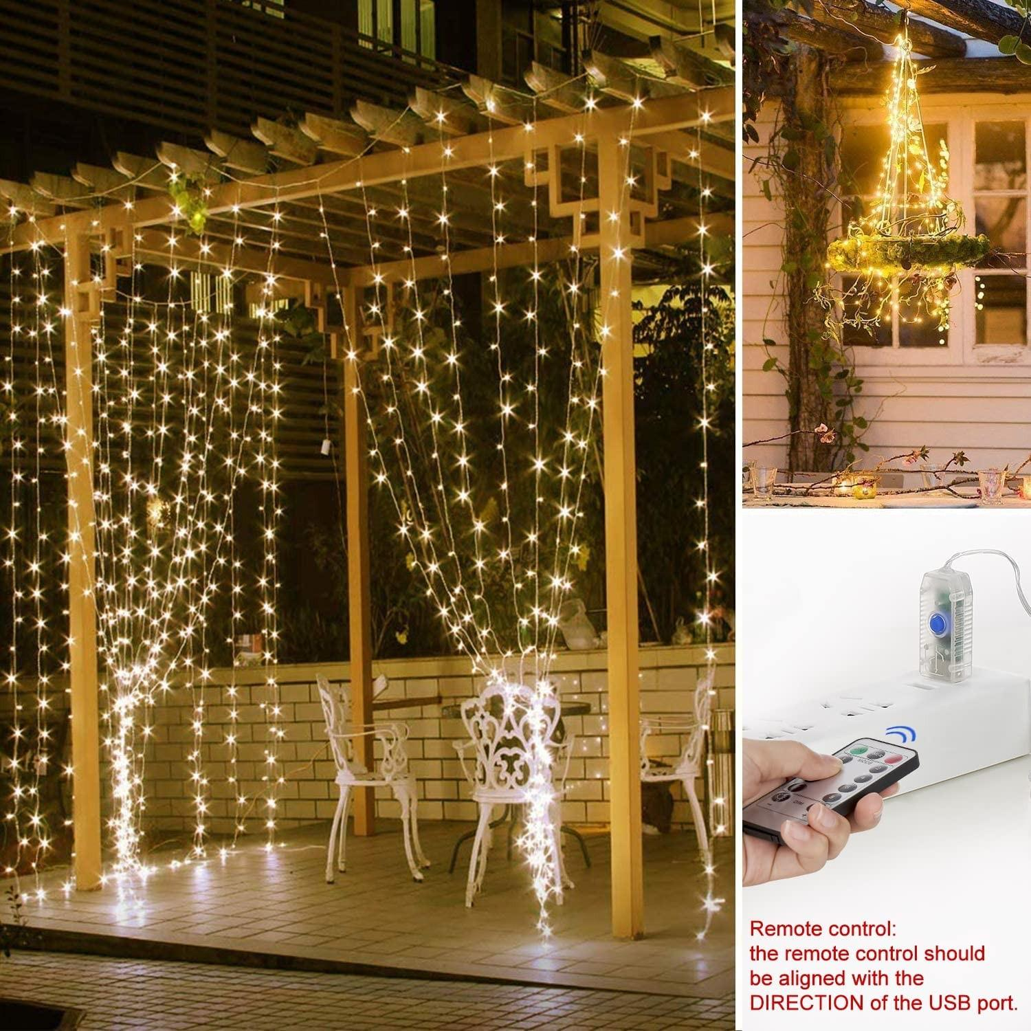 (3x3m) 300 LED's Weihnachts Lichterkette Vorhang Deko USB Beleuchtung 8 Modi   Fernbedienung - Warmweiss