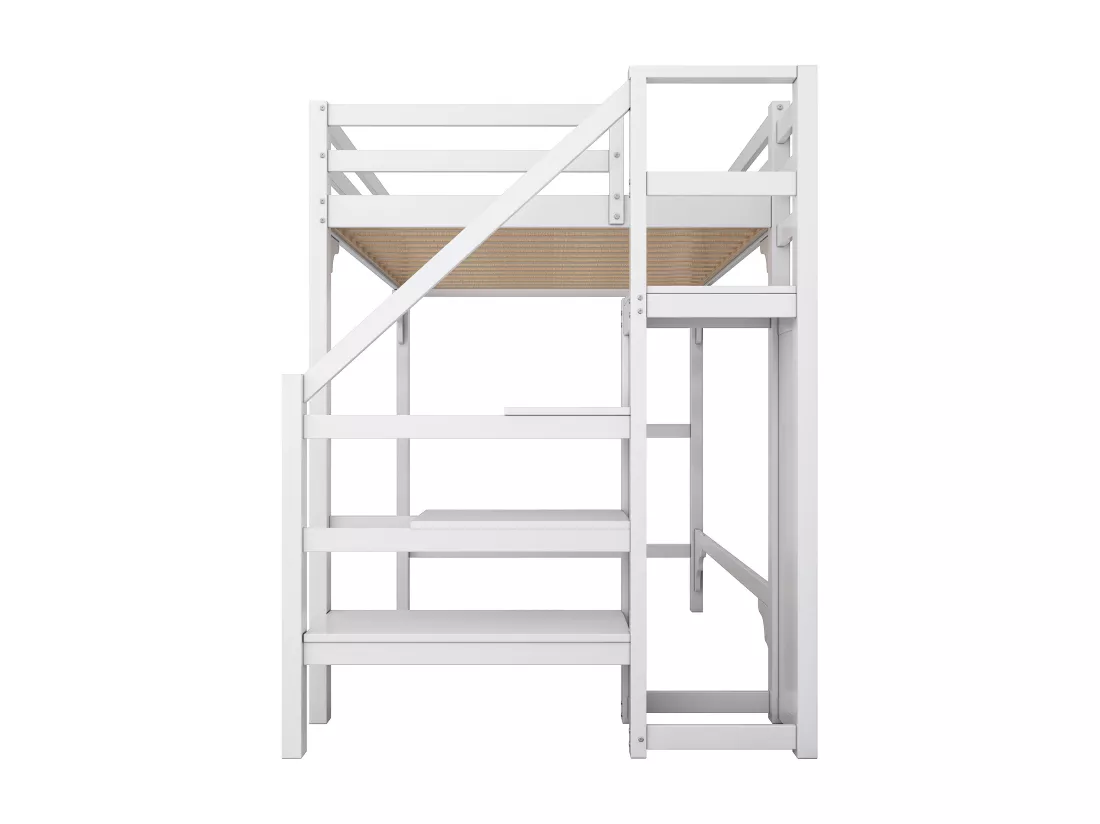 Lit mezzanine 140 x 200 cm avec escalier et penderie, bois pin et MDF, sommier à lattes inclus, blanc