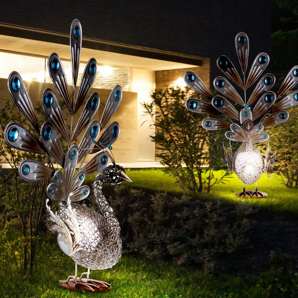 LED Solarleuchte, Pfau, Kupfer, Dekorsteine, Höhe 56,8 cm