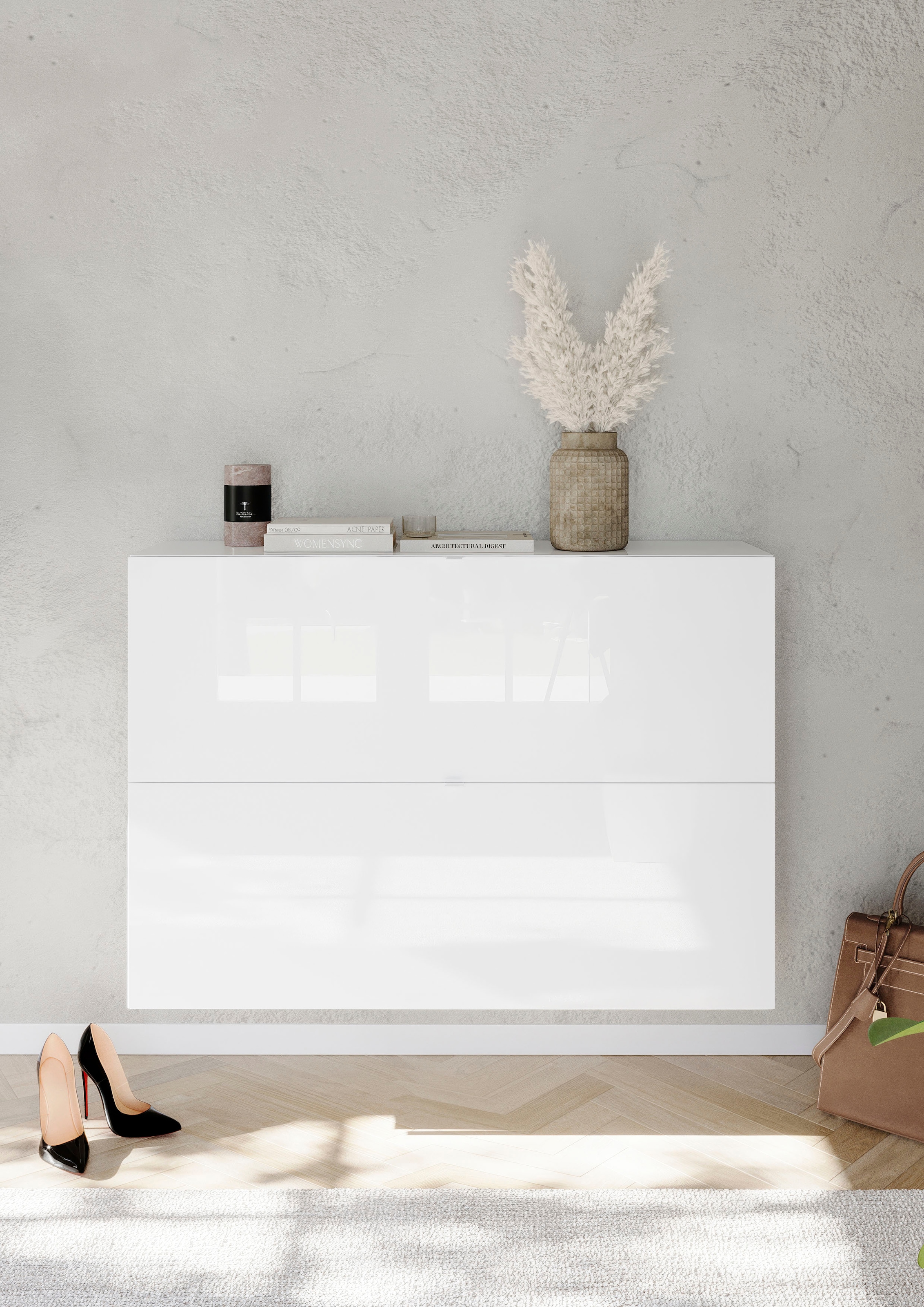 INOSIGN Schuhschrank »SMILE Breite 104 cm, 2 Klappen, komplett Weiss Hochglanz lackiert,« Schuhkipper hängend o. stehend montierbar, 4 Fächer, Metallgriffe