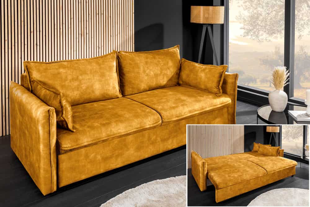 Design Schlafsofa APARTMENT 215cm senfgelb Samt 3-Sitzer Couch inkl. Bettkasten