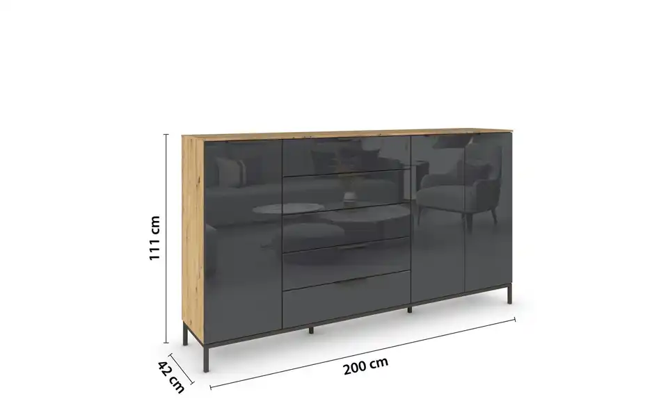 Highboard Basaltgrau, Eiche Artisan (Nachbildung) Basaltgrau, Eiche Artisan (Nachbildung) Front: Glas, Oberboden: Dekor Graphit