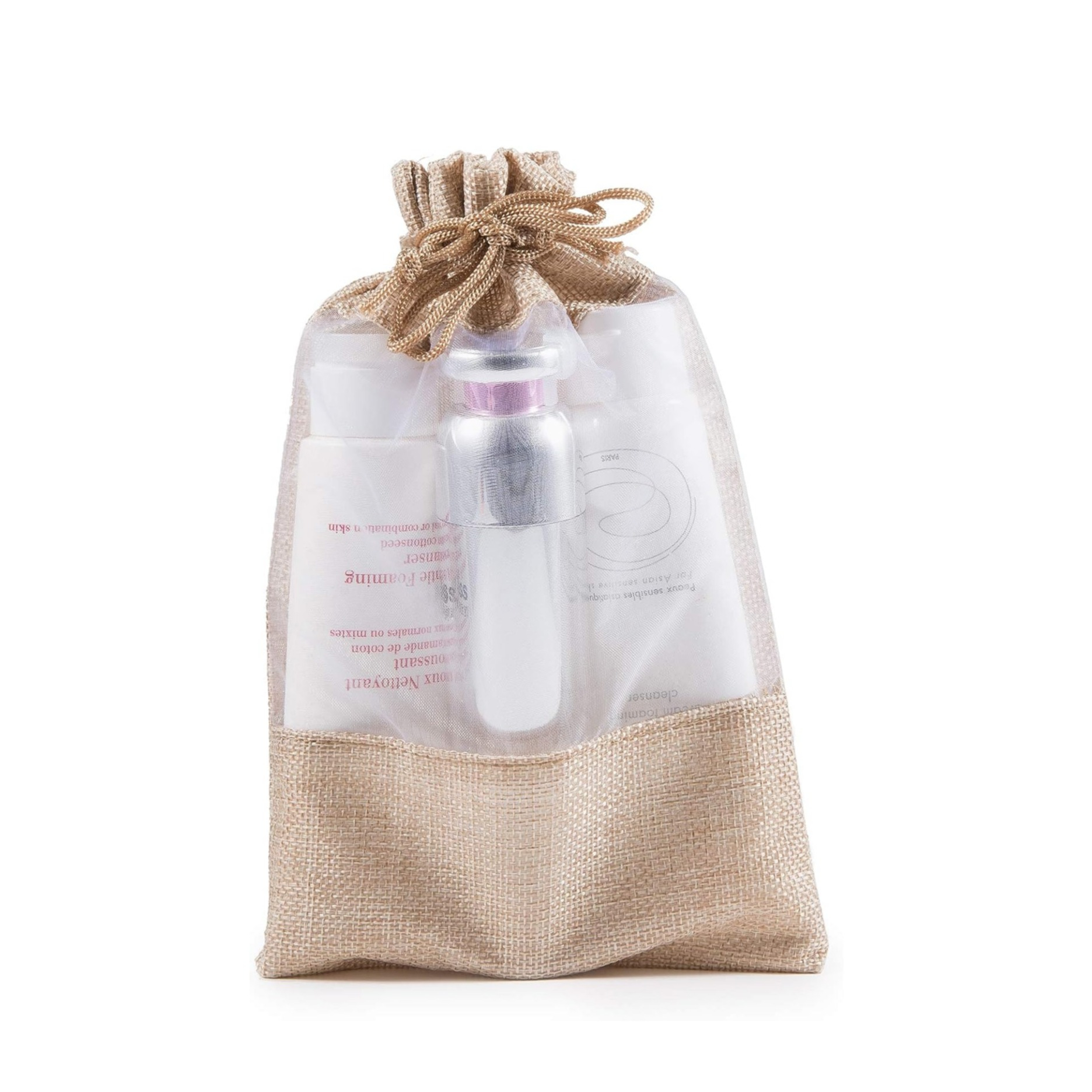 (10er Set) 18x13cm Jute Geschenk Beutel Gift Bag mit Kordelzug / Sichtfenster - Natur
