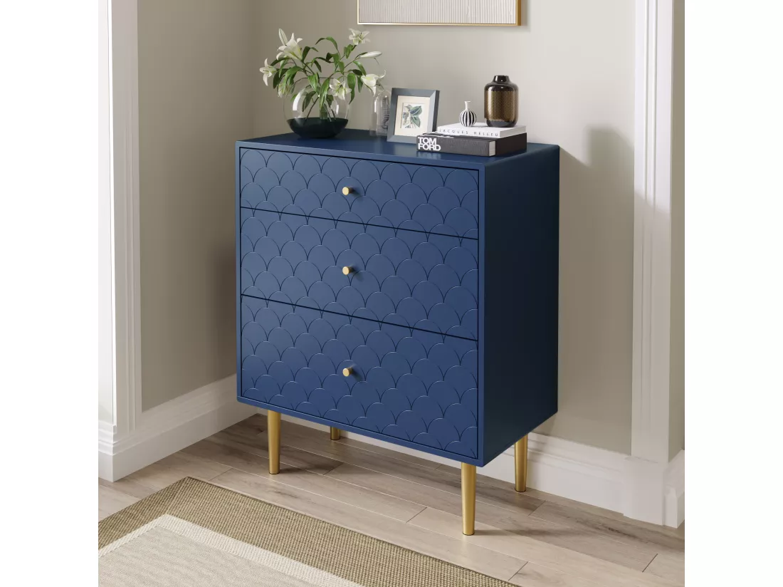 Commode avec 3 tiroirs, Buffet, Bois massif + panneaux de particules, Bleu marine - H89/L75/P40 cm