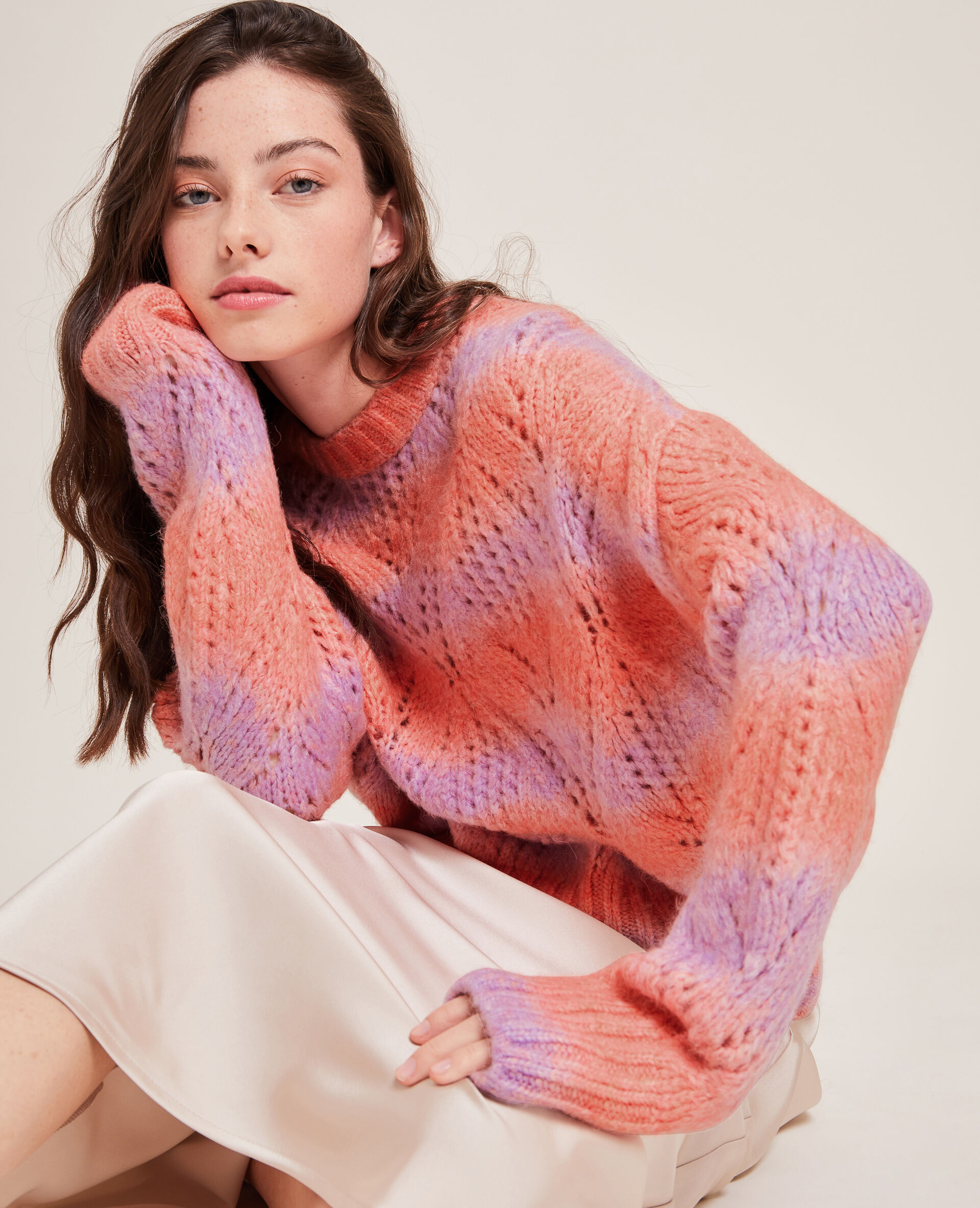 Pull bicolore maille ajourée - Rose fuchsia