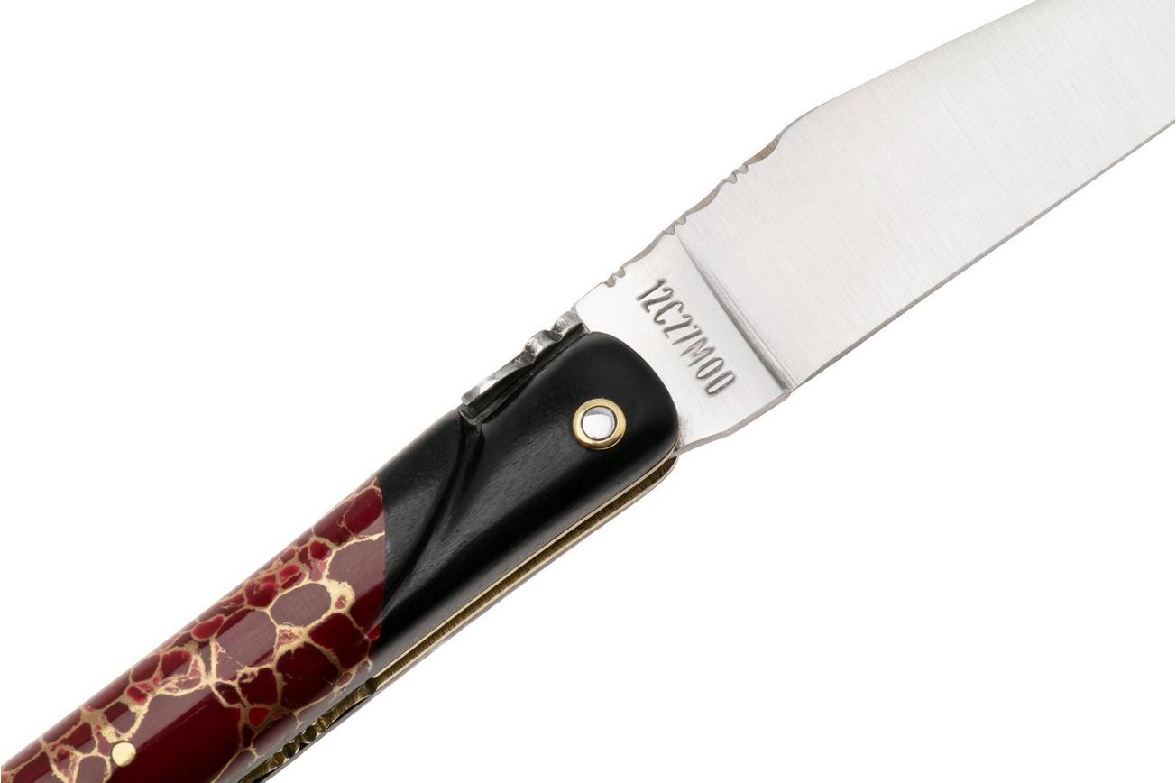 Laguiole en Aubrac Ebony, Jasper Gold Inlay, Handcarved Plates, zakmes, 12 cm