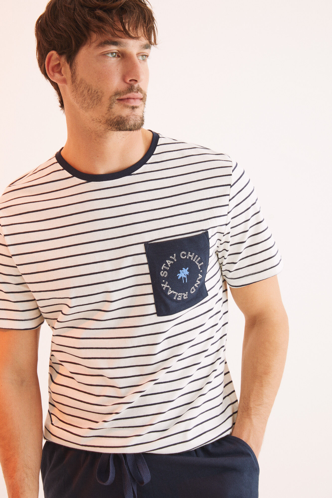 Pijama curto masculino de algodão listrado - azul