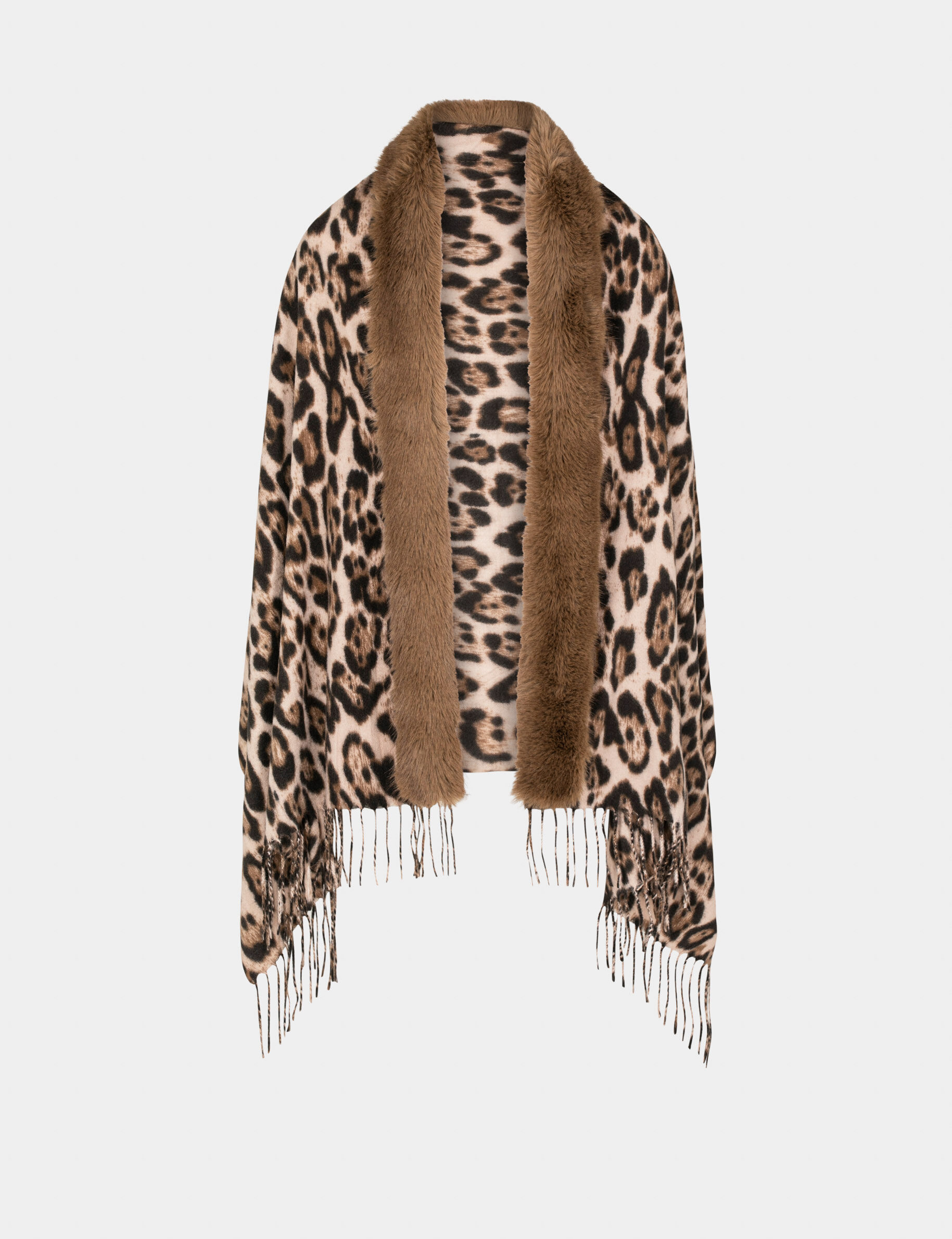 Poncho avec franges et imprimé léopard marron femme - marron