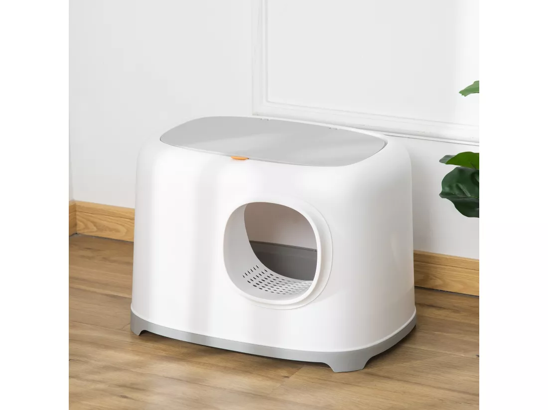 Maison de toilette litière pour chat - porte, couvercle ouvrant - pelle incluse - blanc gris clair