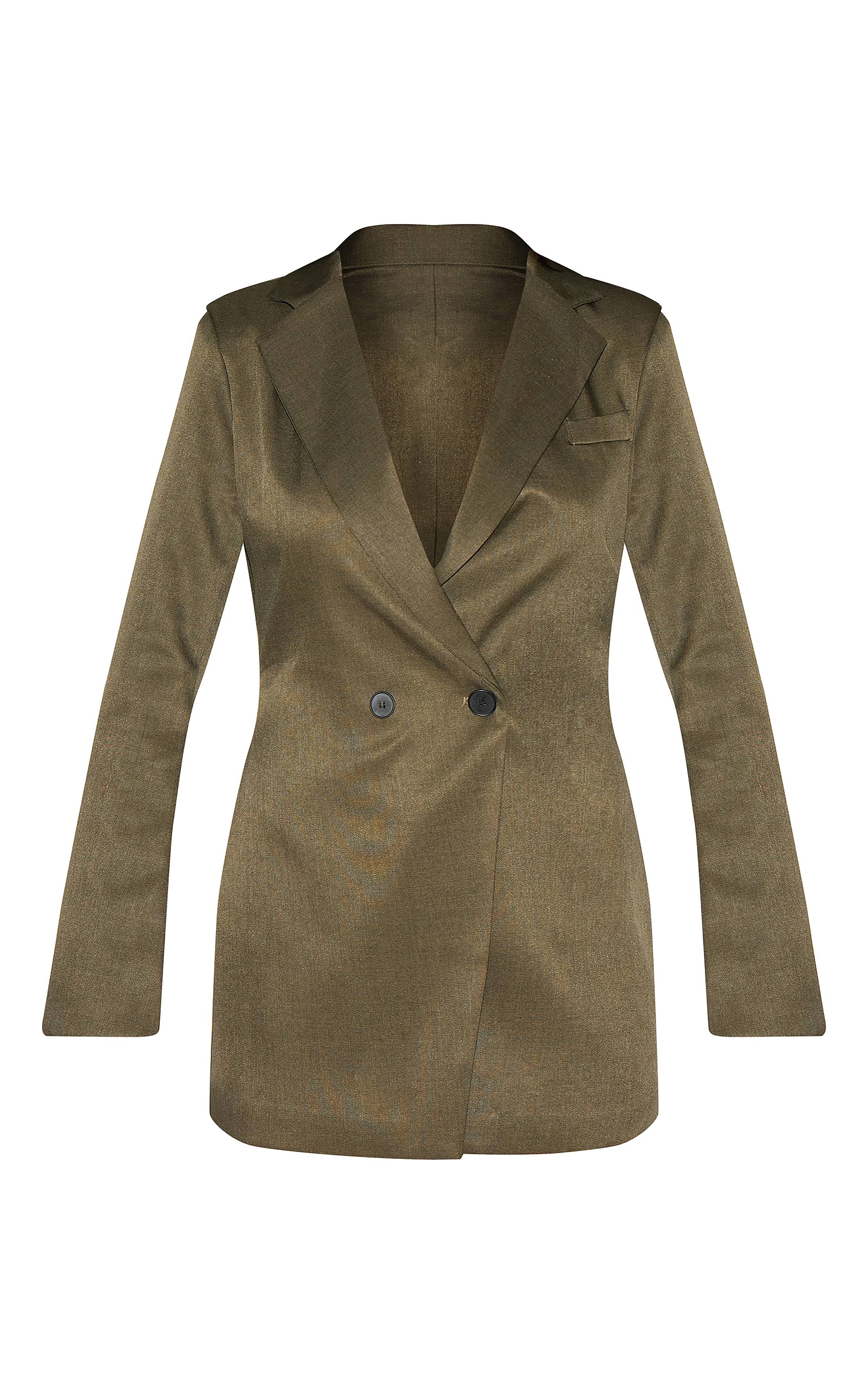 Kaki Robe Blazer Cintrée À La Taille En Tissu Tissé À Double Boutonnage
