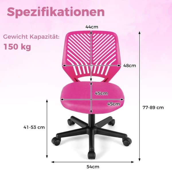 Skrivebordsstol for barn armløs skrivebordsstol for barn 54 x 54 x 77-89 cm rosa