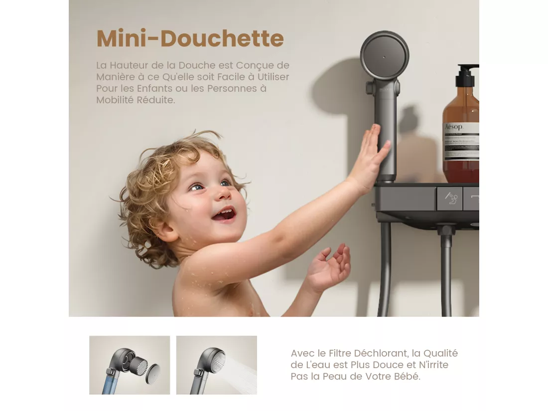 EMKE Colonne de douche avec thermostat 38℃ Douche pluie 40 cm étagère en verre avec 3+1 douchette parent-enfant+porte-douche - anthracite matt