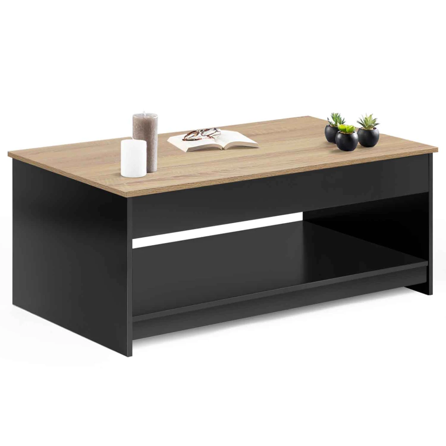 Table basse plateau relevable SOA bois noir plateau imitation hêtre