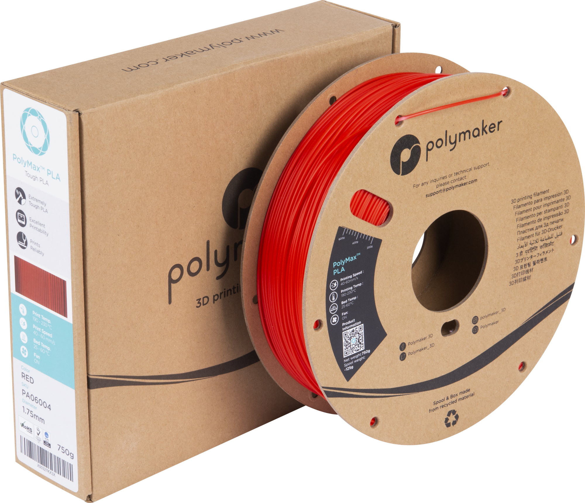 Polymaker  PolyMax PLA Rot, 1,75 mm (750 g)    Das rote Filament mit 9-fach höherer Belastbarkeit als herkömmliches PLA