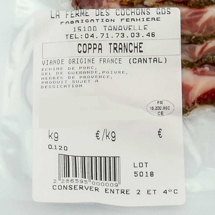 Coppa fermière tranchée du Cantal sans nitrites