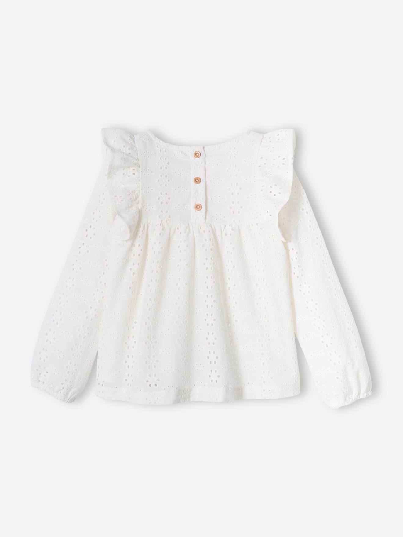 Blusa off-white com babados bordados à inglesa para meninas