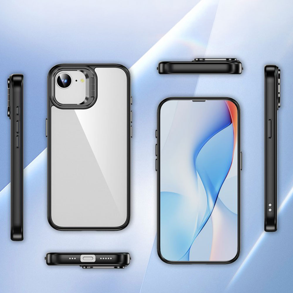 iPhone 16e Hybrid Hardcase Hülle TPU Bumper   Kunststoff Rückseite mit Kamera Kickstand - Schwarz / Transparent