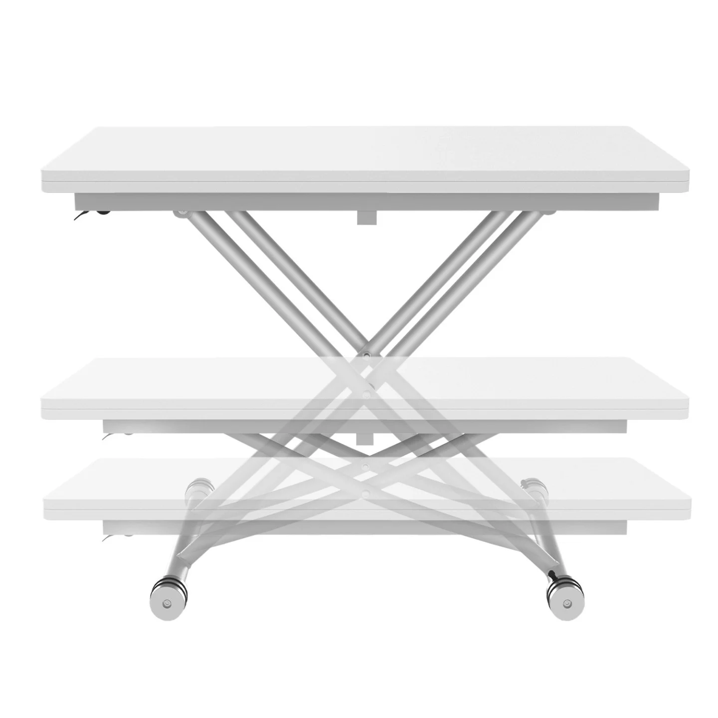 Table basse 2-en-1 relevable en table à manger 6-8 personnes plateau portefeuille URBANA plateau blanc pied chrome