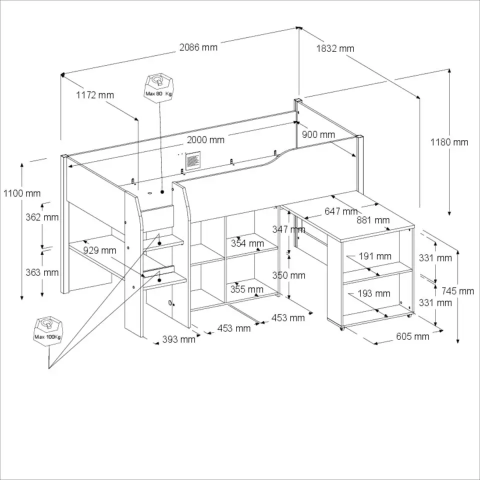 Halfhoogslaper met bureau Moscon 90x200 - wit/eik