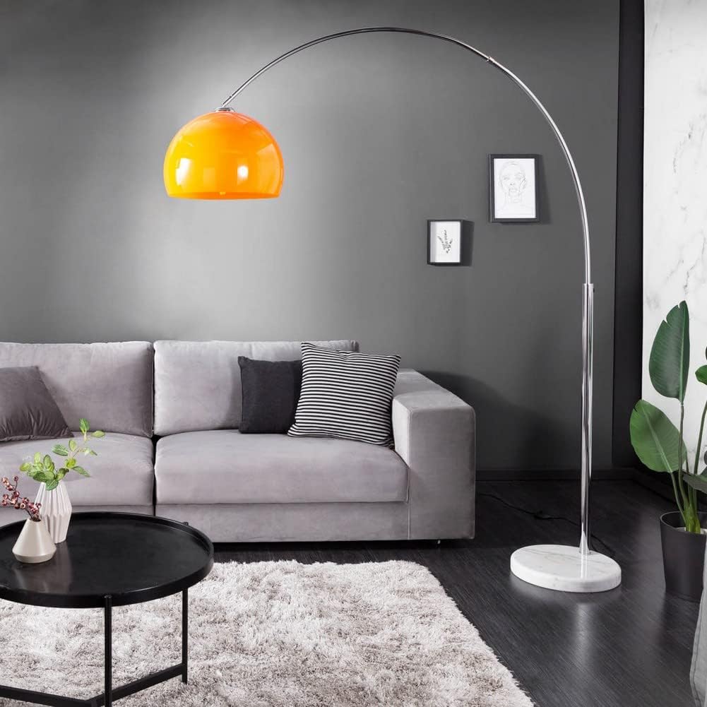 Design Retro Lounge Bogenlampe LUXX Orange & Chrom glänzend mit Marmorfuß Weiß 175-205cm Höhe verstellbar