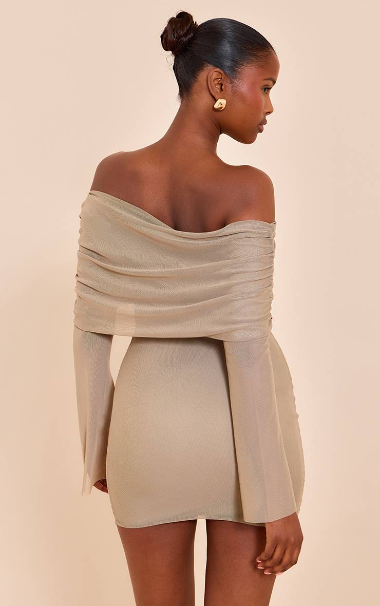 Taupe Robe Courte Moulante En Mesh Doublée À Manches Longues