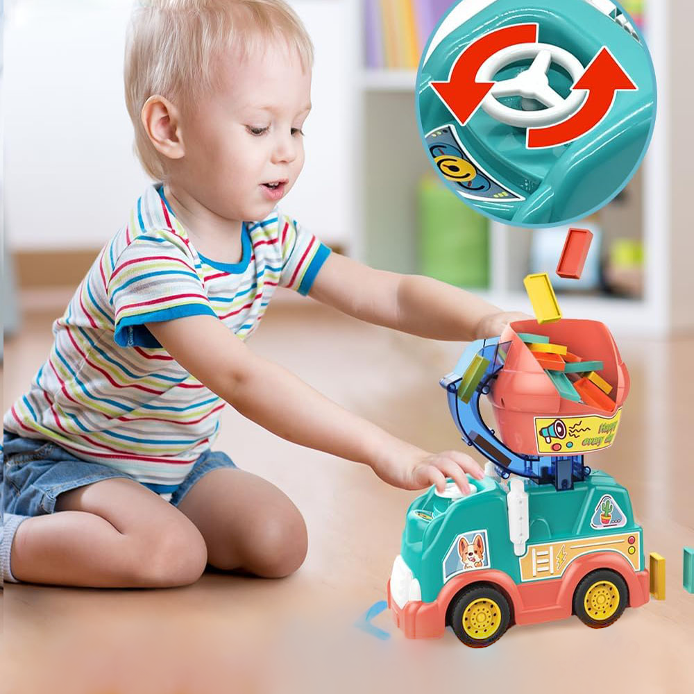 (109-tlg. Set) Domino Auto Kinder Spielzeug Dominostein Aufsteller LKW mit Rutsche (Batteriebetrieben) - Bunt
