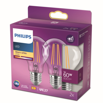 Philips LED peer E27 60W 2 stuks filament helder niet dimbaar