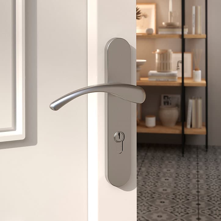 Ensemble poignée sur plaque rond GoodHome Ruis effet nickel satin gris L.138.5mm x l.40mm entraxe 195mm