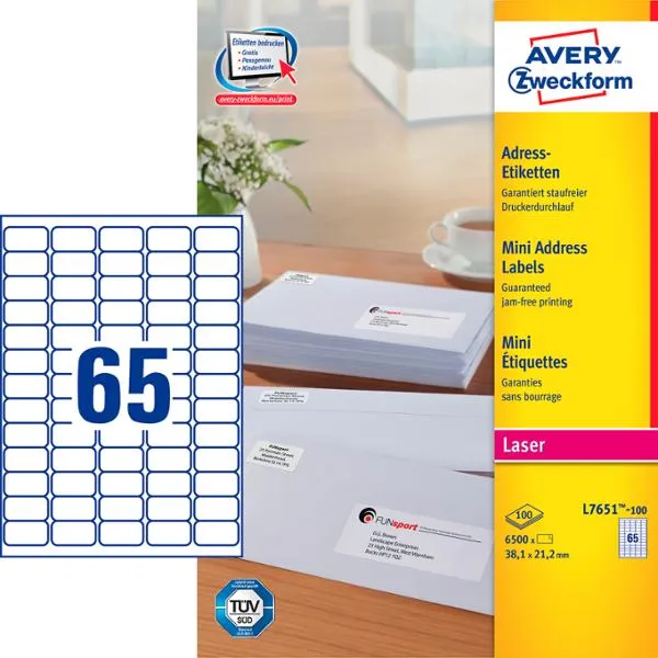 Laseretiket Avery 38,1x21,2 mm hvid med QuickPEEL™ - (100 ark x 65 stk.)