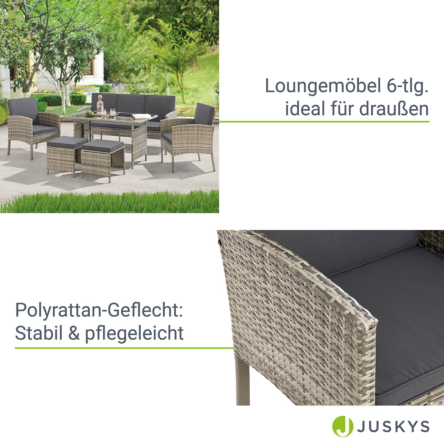 Juskys Polyrattan Gartenmöbel Sitzgruppe Turin Set 6 teilig - Outdoor Möbel mit Tisch – Lounge Grau