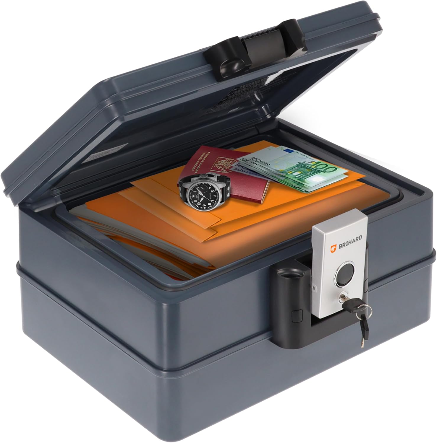 zertifizierte Dokumentenkassette 2030 A4 XL - Wasserdichte & Feuerfeste Dokumentenbox mit Schlüssel, für Wertgegenstände & Dokumente, Tragbarer Safe – H 21.4 x B 40.7 x T 32.2cm