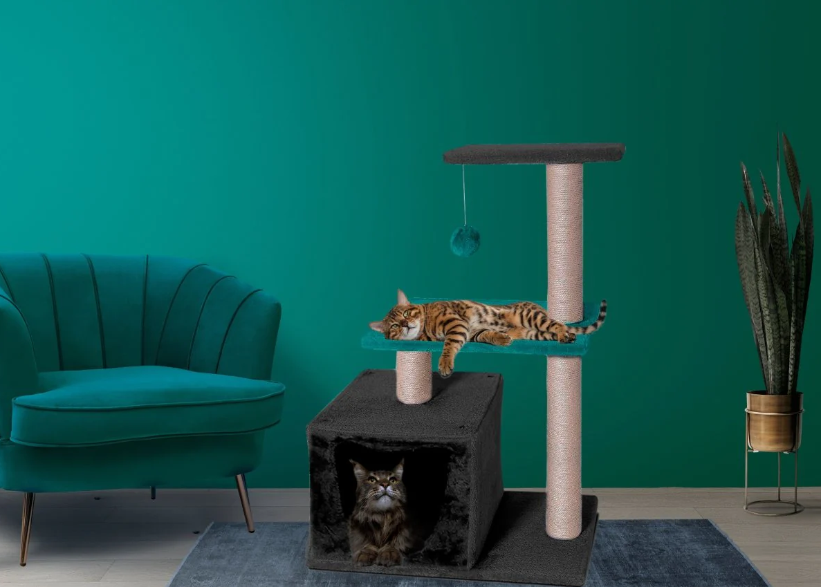 Árvore para gatos com casinha azul 30 x 46 x 83 cm