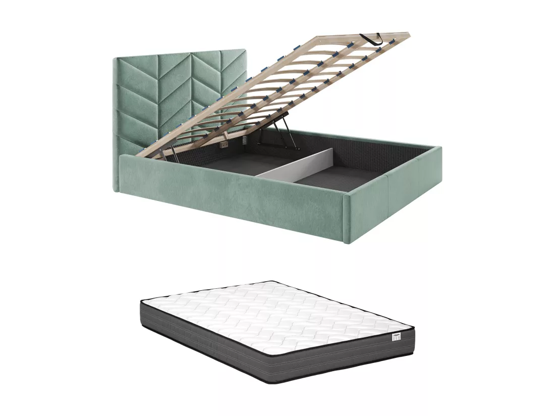 Lit coffre 160 x 200 cm - Tissu texturé - Vert amande + Matelas - JUSTANI