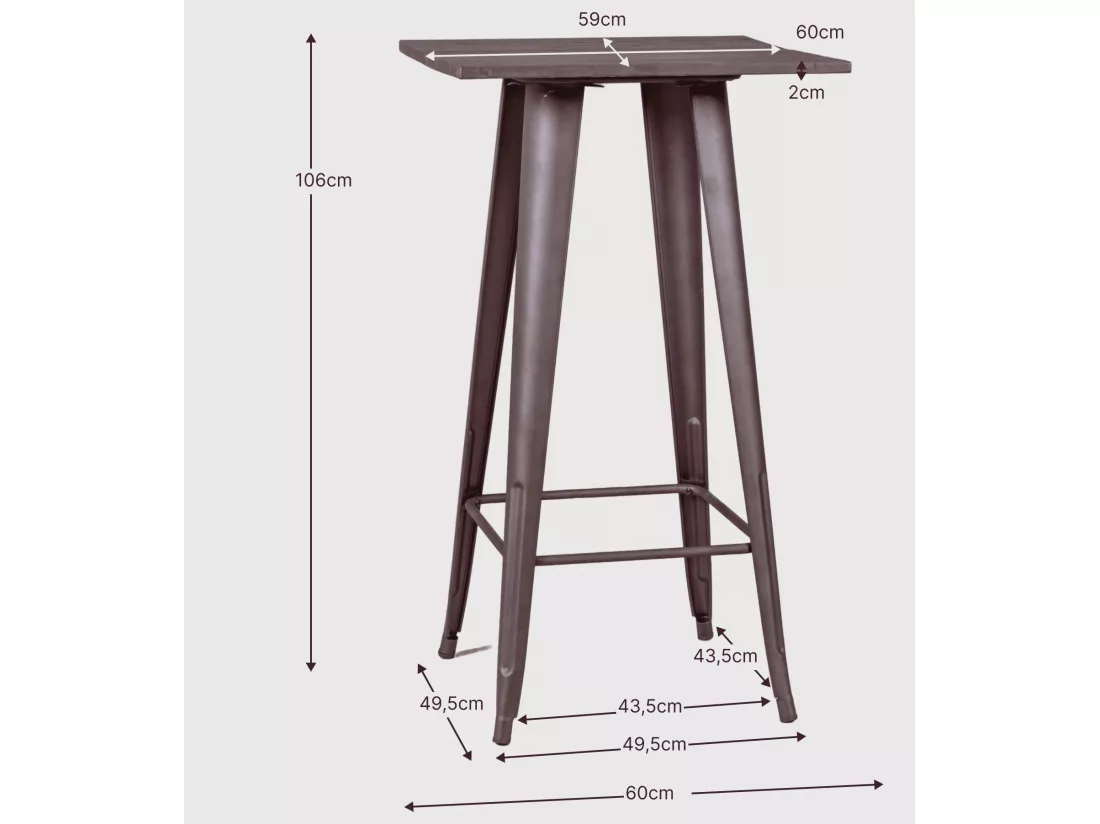 Table haute industrielle en acier vieilli et bois foncé - Bistro - Antique