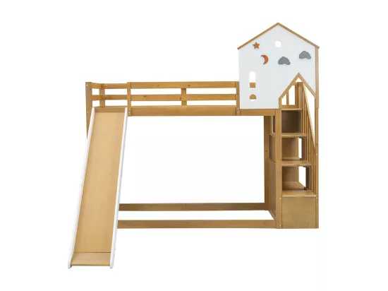 Lit superposé 90x200 cm Lit d'enfant Lit avec escalier d'angle avec toit et fenêtre avec 3 casiers dans l'escalier Blanc+Naturel