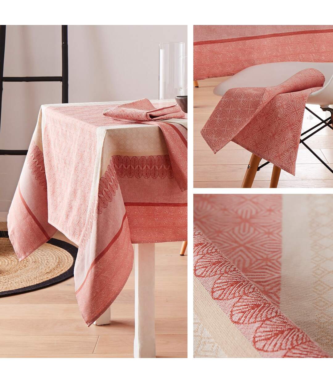 Nappe rectangle 150x350 cm Jacquard coton + CHARLESTON rouge Corail