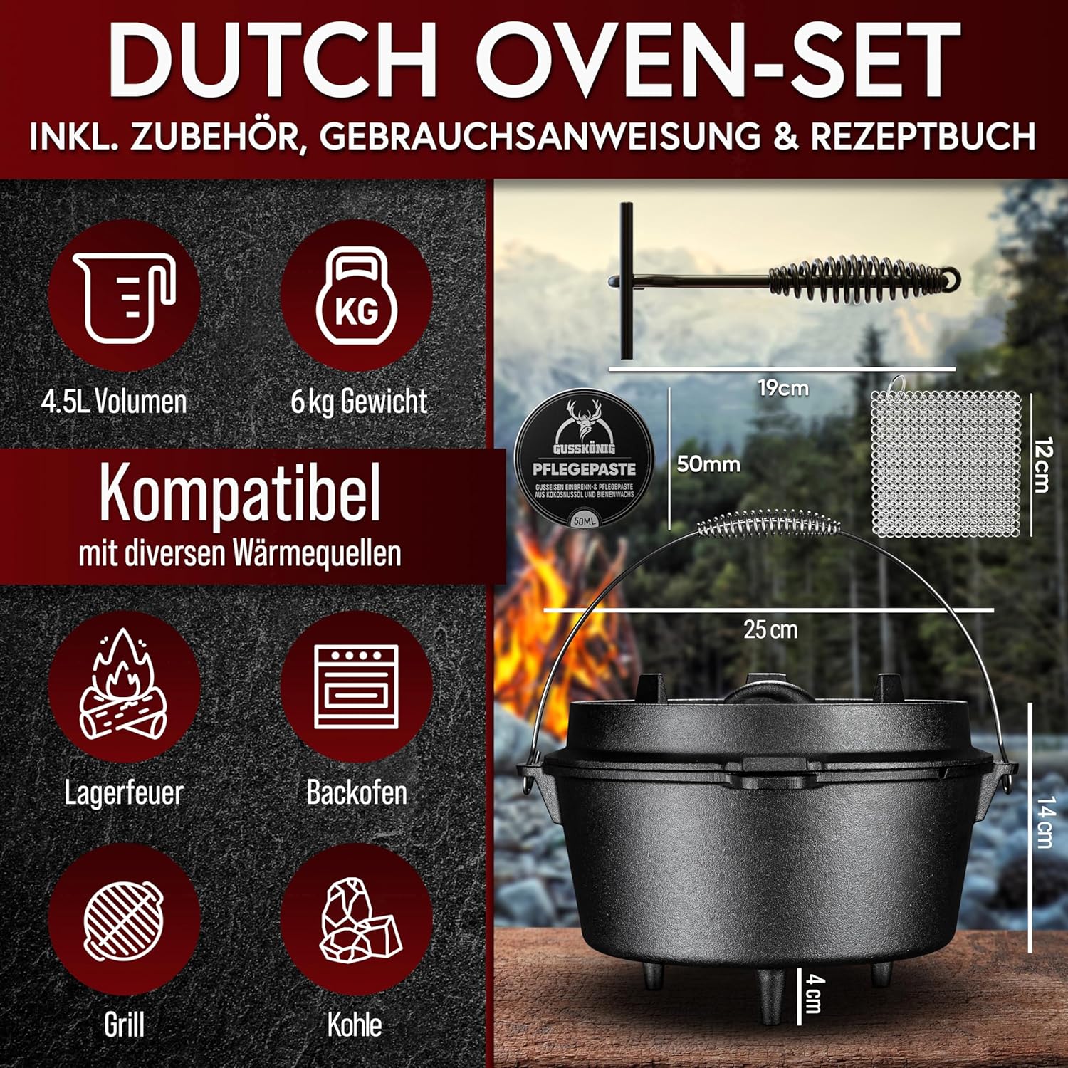 Dutch Oven Set 4,5 Liter [für 2–4 Person] – Eingebrannter Feuertopf mit Füße, inkl. praktischem Deckelheber, Ringreiniger, Pflegepaste, Bürste & Rezeptbuch – 30 Jahre Garantie