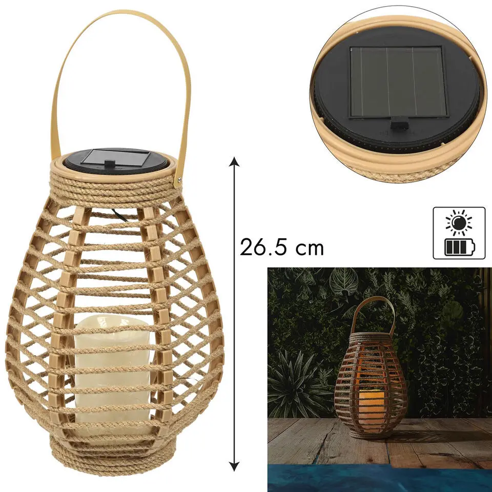 Home deco factory Zonnelantaarn tafellamp - Solar -rotan - 26,5 cm -kaarseffect