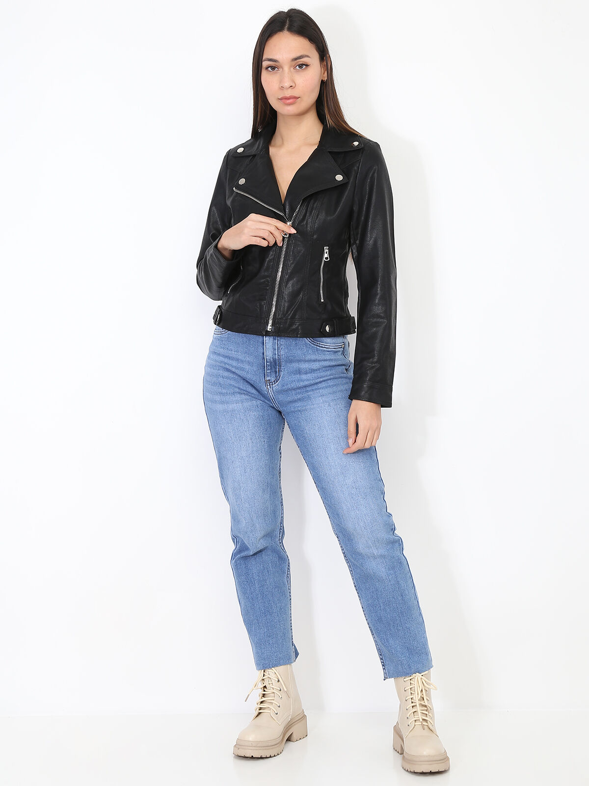 Blouson motard ajusté en simili- Noir