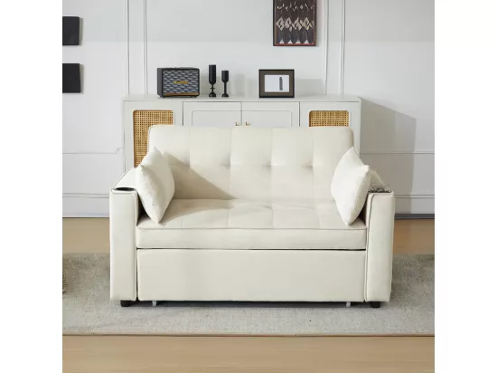 Canapé convertible en Velours - 2 places - avec 2 oreillers, poches d'accoudoir, porte-verres - Dossier inclinable - 137x76.5x83cm