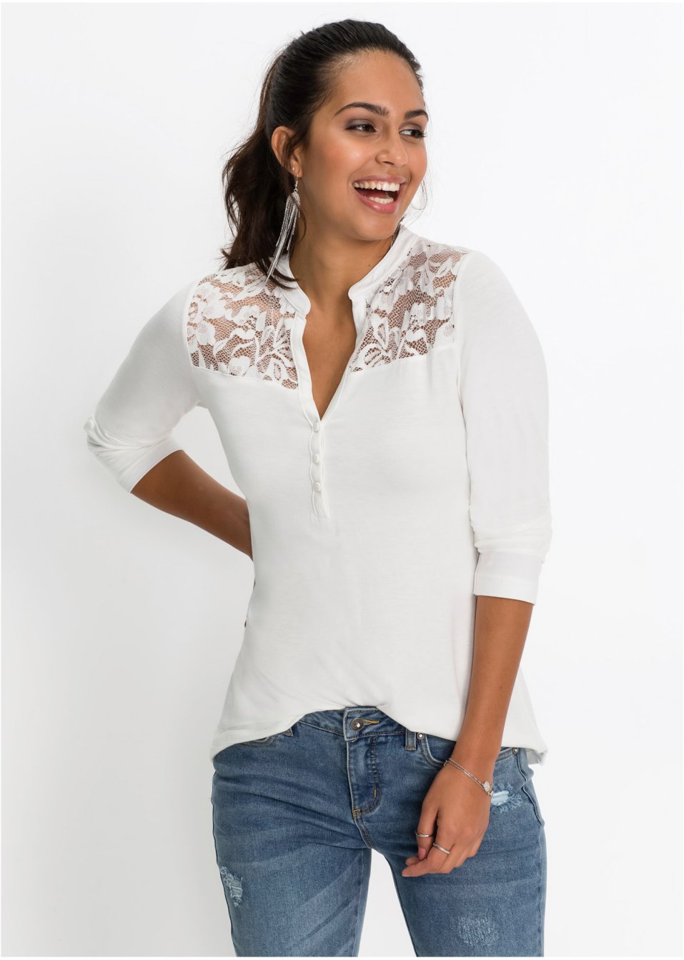 T-shirt Henley à empiècement dentelle