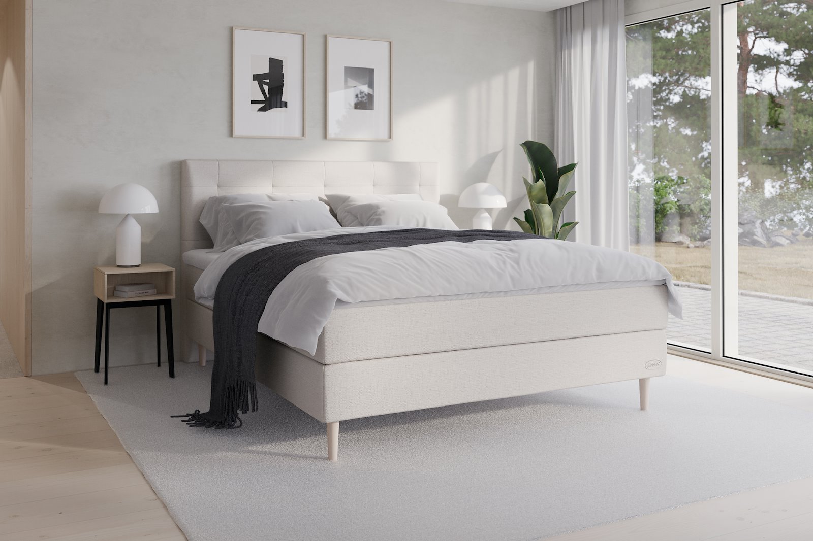 Opal jubileum kontinentalseng 160x200 cm Tekstil 386 Natur, medium/medium, seamless, Sleep II overmadrass og Conic 18 cm hvitvasket ben + støtteben, gavl selges separate.