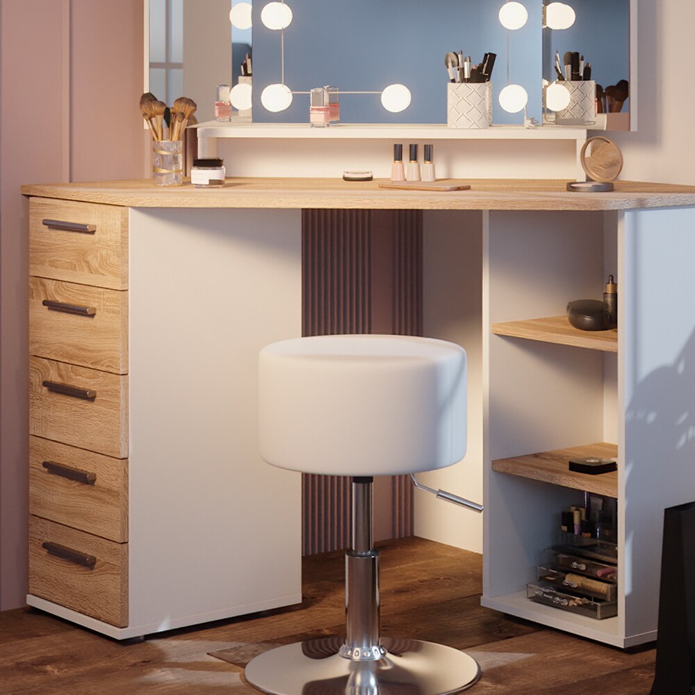 Vicco Eckschminktisch Frisiertisch Frisierkommode Sofia Weiß Sonoma Spiegel LED Hocker 128x142 cm modern Ablage