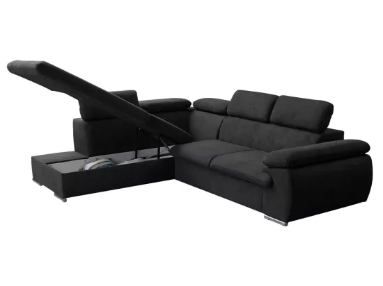 Canapé d'angle gauche convertible en tissu noir avec coffre de rangement FABIEN
