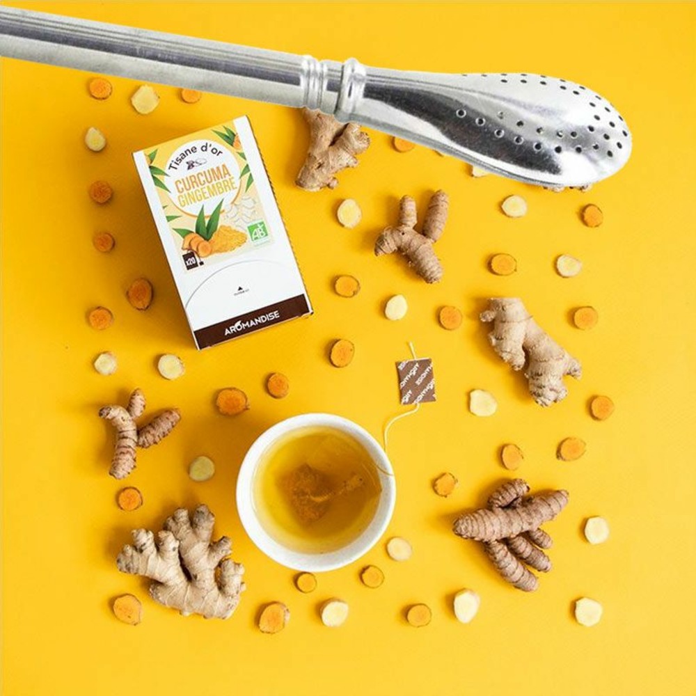 Tisane d'or bio curcuma gingembre 20 sachets + paille inox avec filtre