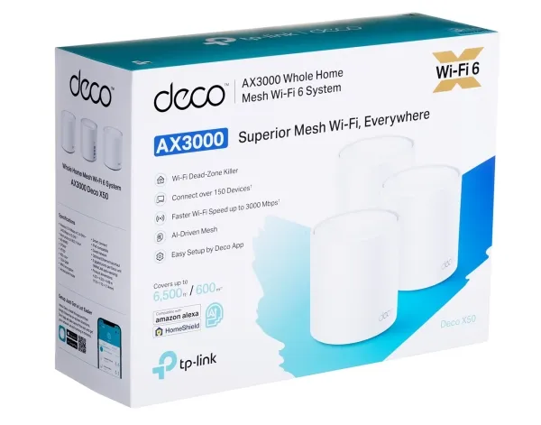 TP-Link Deco X50 (3-pack), Hvid, Intern, CE: <20 dBm (2.4 GHz) <23 dBm (5 GHz) FCC: <30 dBm (2.4 GHz) <30 dBm (5 GHz), Dual-band (2,4 GHz / 5 GHz), Wi-Fi 6 (802.11ax), 802.11a, 802.11b, 802.11g, Wi-Fi 4 (802.11n), Wi-Fi 5 (802.11ac), Wi-Fi 6 (802.11a