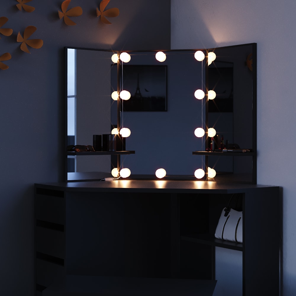 Vicco Eckschminktisch Arielle Frisiertisch Kommode Frisierkommode Spiegel Schwarz inklusive Bank und LED-Lichterkette
