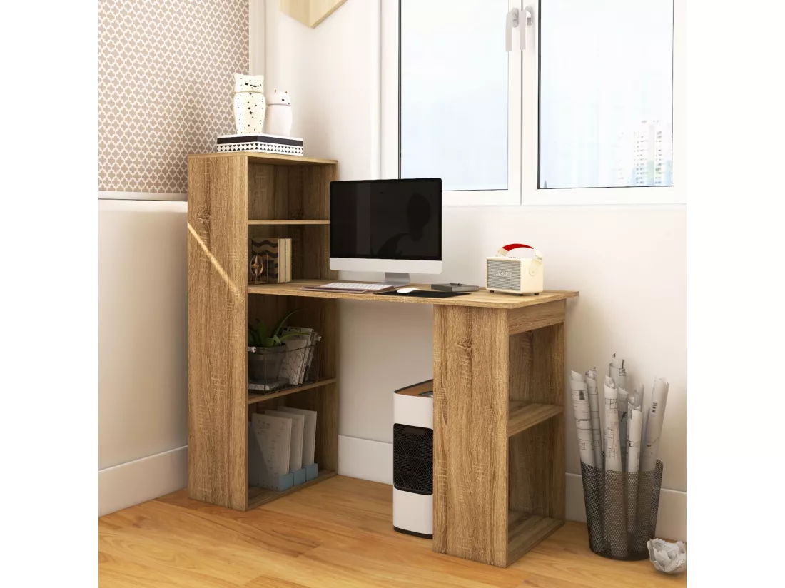 Bureau informatique 120L x 55l x 120H cm bibliothèque adjacente multi-rangements bois chêne