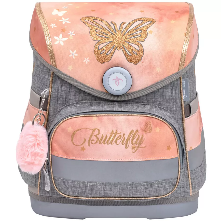 Belmil Schulranzen Compact Schulranzen Set 5-teilig mit Brustgurt Golden Butterfly
