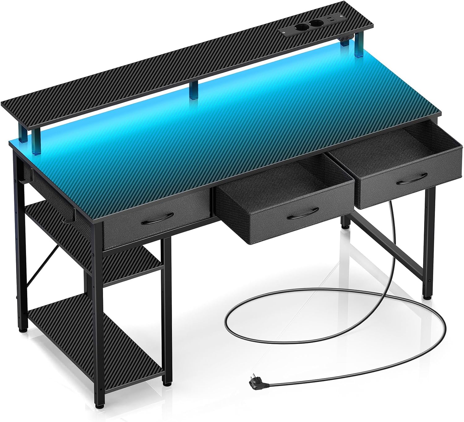 Rolanstar Schreibtisch mit Schubladen, Computertisch mit Steckdosen & LED, Gaming Tisch mit Monitorständer, Regal & 2 Haken, Gaming Schreibtisch für Büro, Wohnzimmer(Schwarz, 137x47x90,5cm)